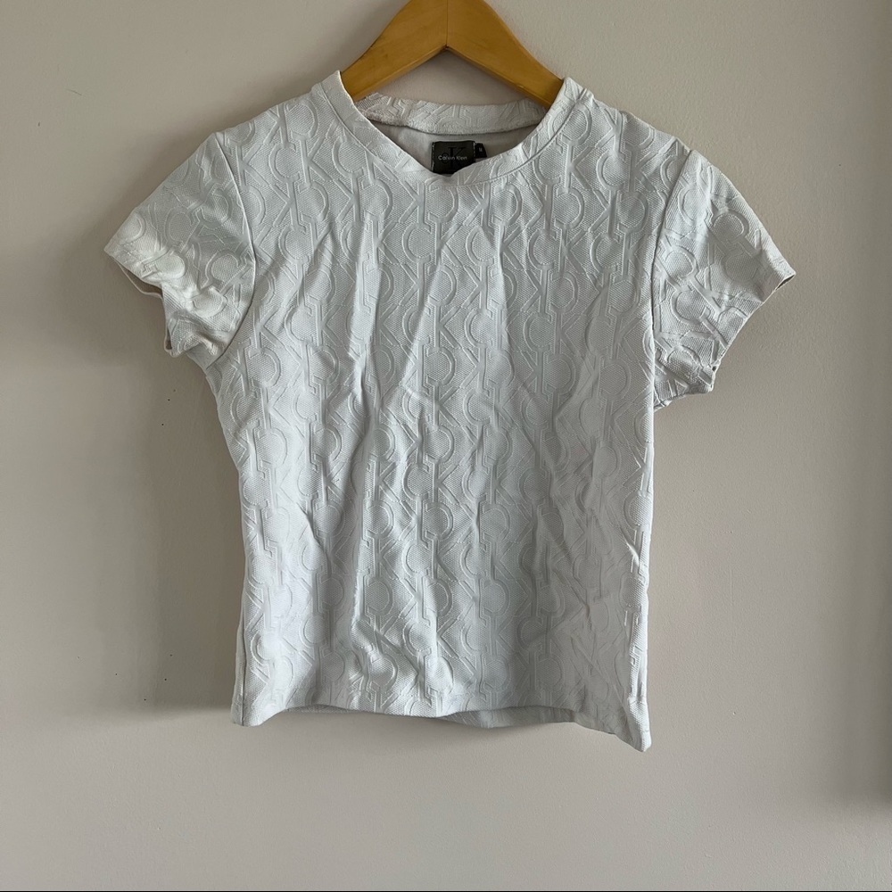 Calvin Klein White Cropped Tee CK Monogram Logo Short Sleeve T-Shirt
